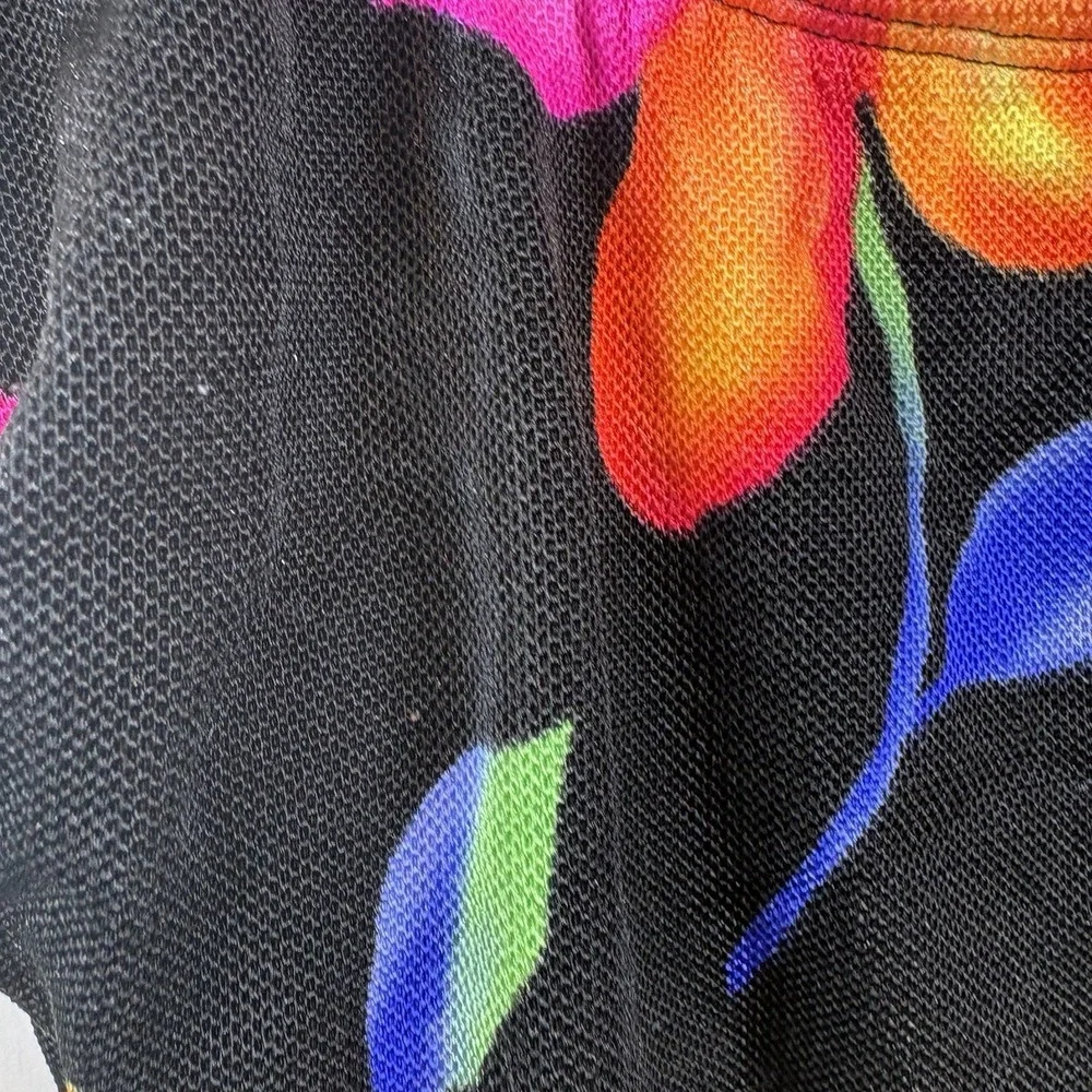 Vintage 80's Nylon Mesh Black Floral Pink One Piece Swimsuit Robby len Size 10 M